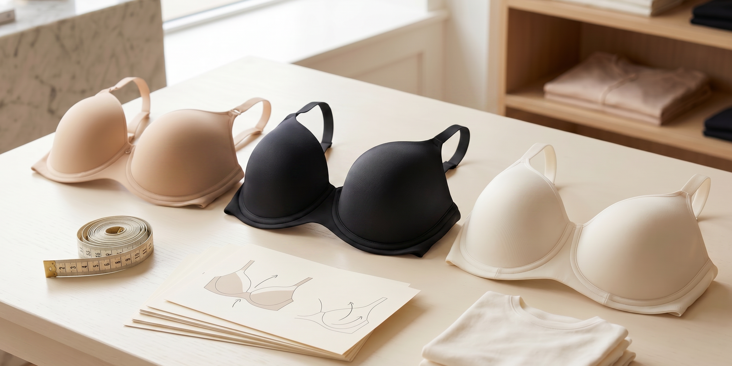 Smooth T-shirt bras arranged on a boutique table with fitting notes and measuring tape