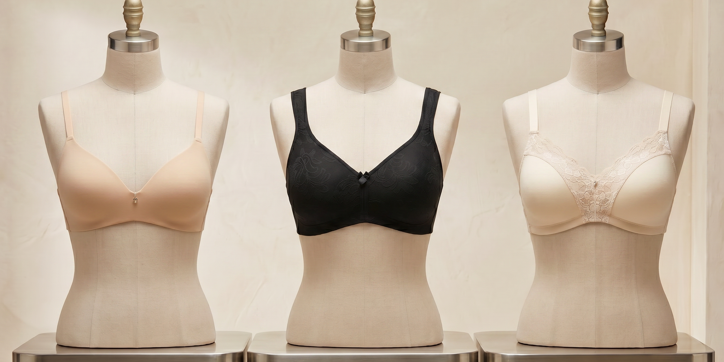 Three dress forms display different wireless bra styles in a boutique setting