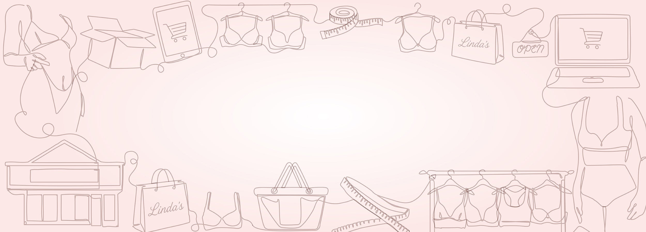 minimalist line-art illustration of various e-commerce and fashion shopping icons