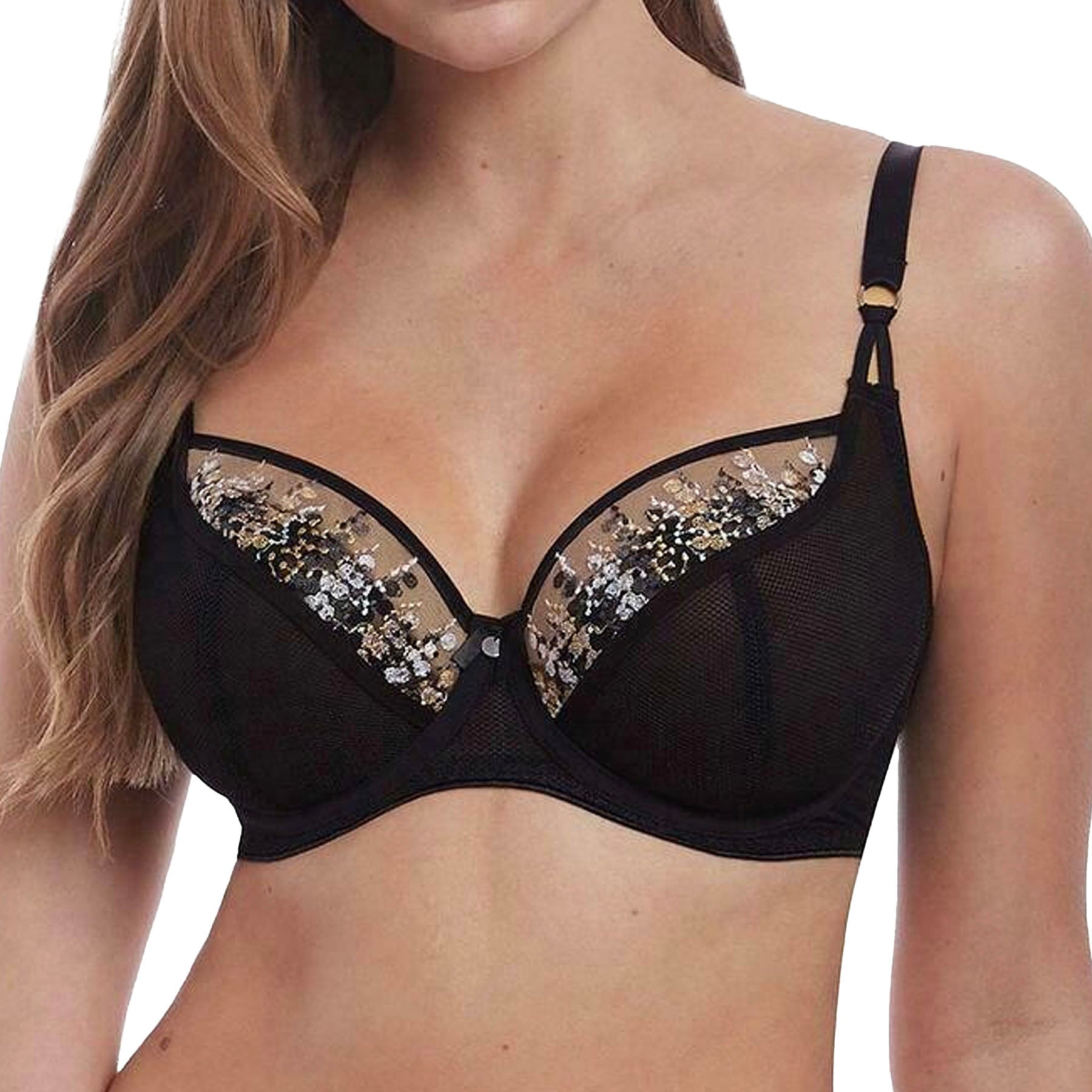 Freya Astrid Metallic Embroidered Underwire Plunge Bra AA5501 Noir Front