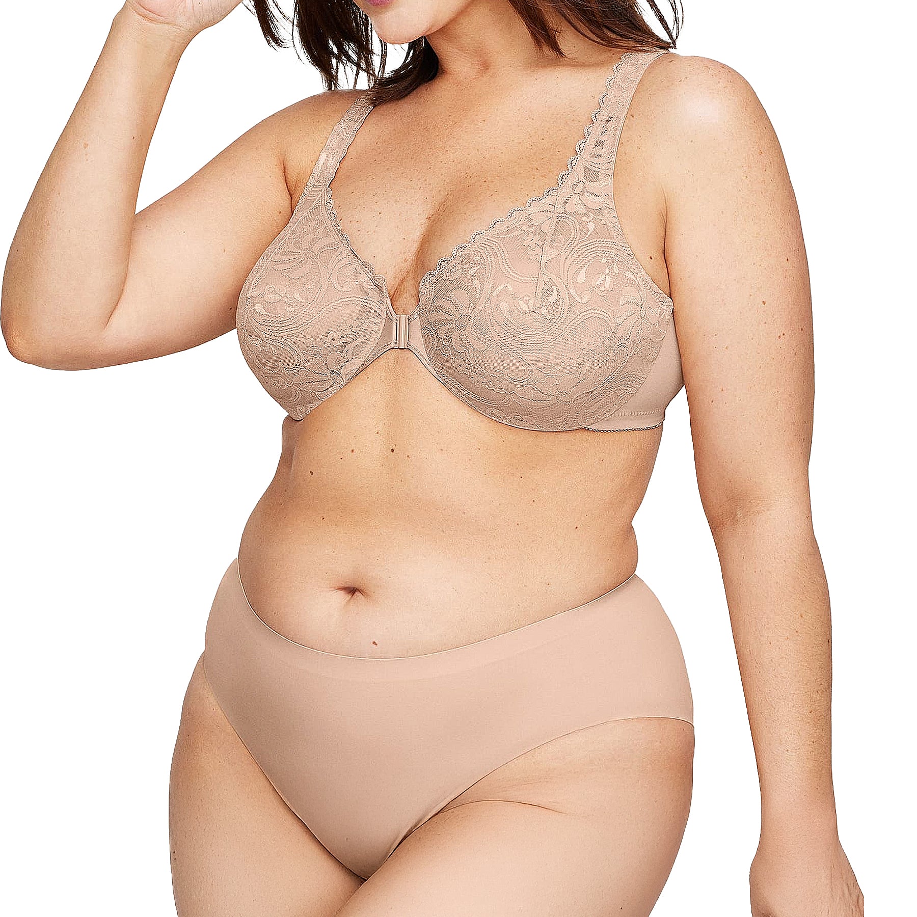 Glamorise Front-Closure Stretch Lace WonderWire Bra 9245 Cafe Set