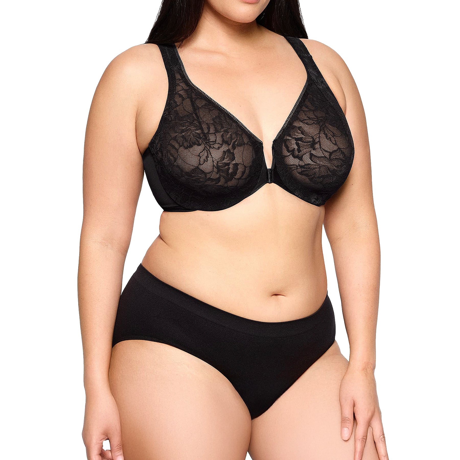 Glamorise Lacey T-Back WonderWire Bra 9246 Solid Black Set