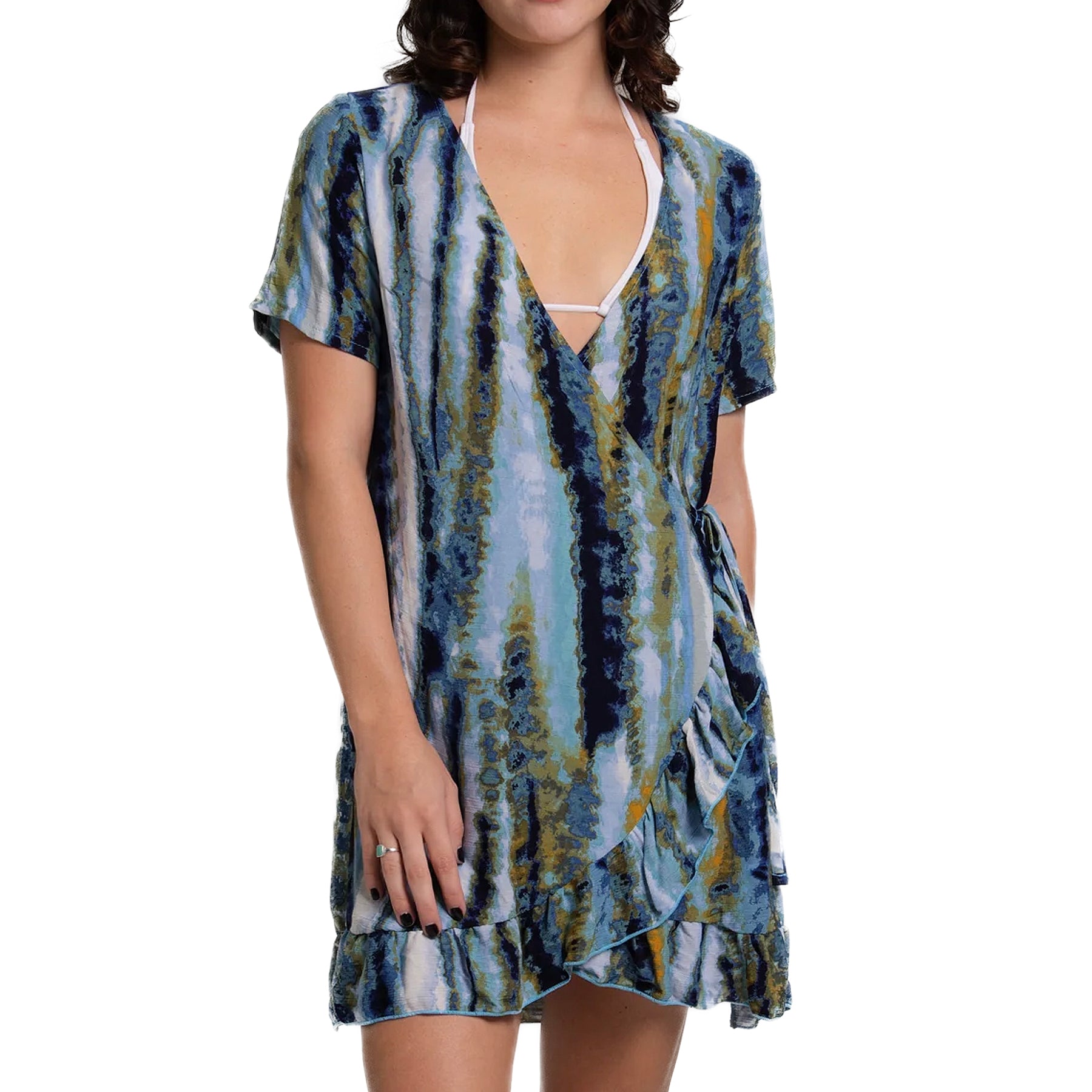 J Valdi Cascada Ruffle Hem Wrap Dress Cover Up J15455 Blue Multi Front