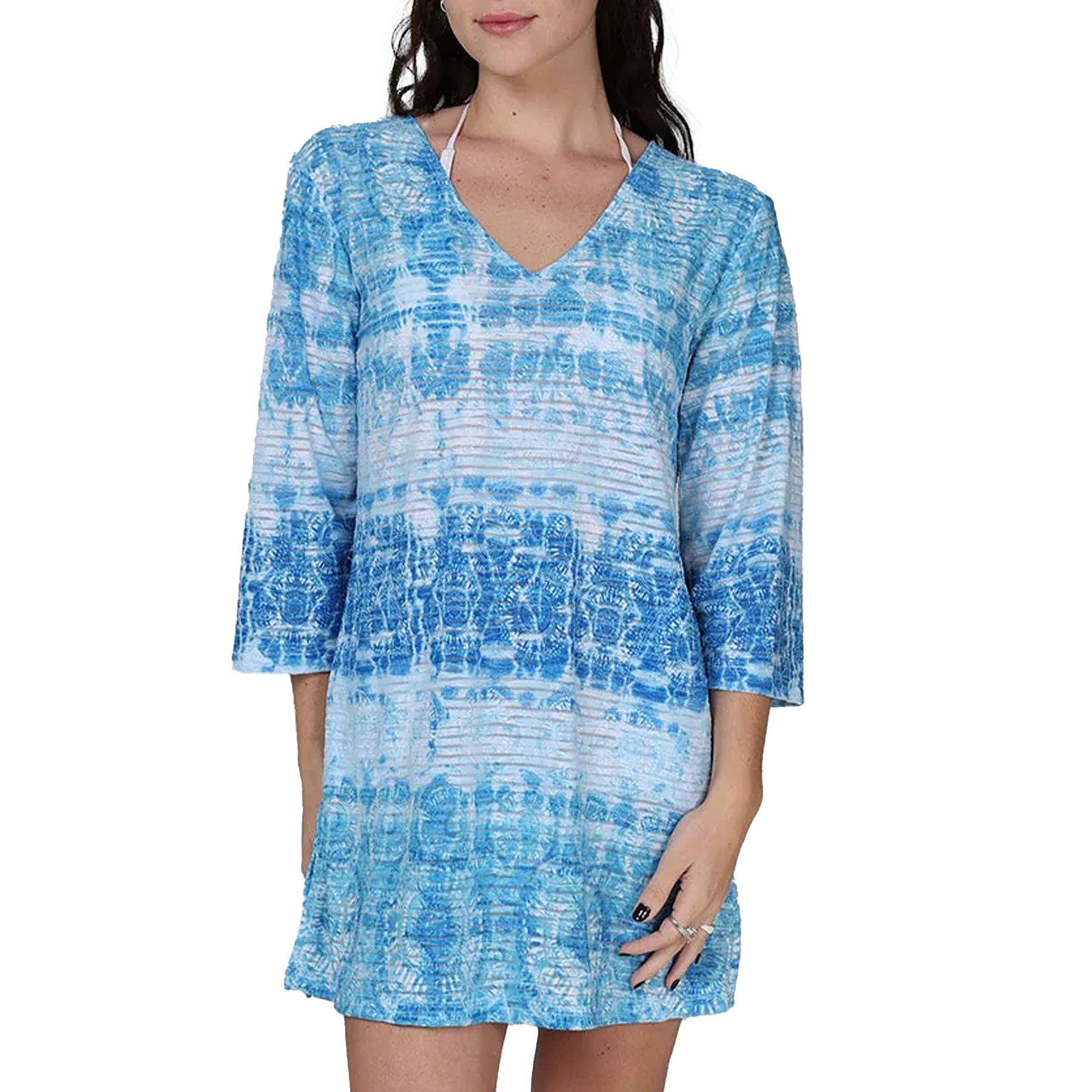 J Valdi La Onda V-Neck Tunic Coverup J14366 Blue Multi Front