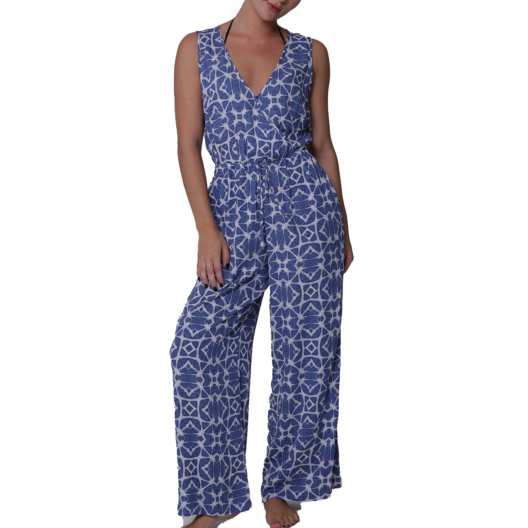 J Valdi Lanikai Sleeveless Surplice Jumpsuit Cover Up J32265 Blue White Front