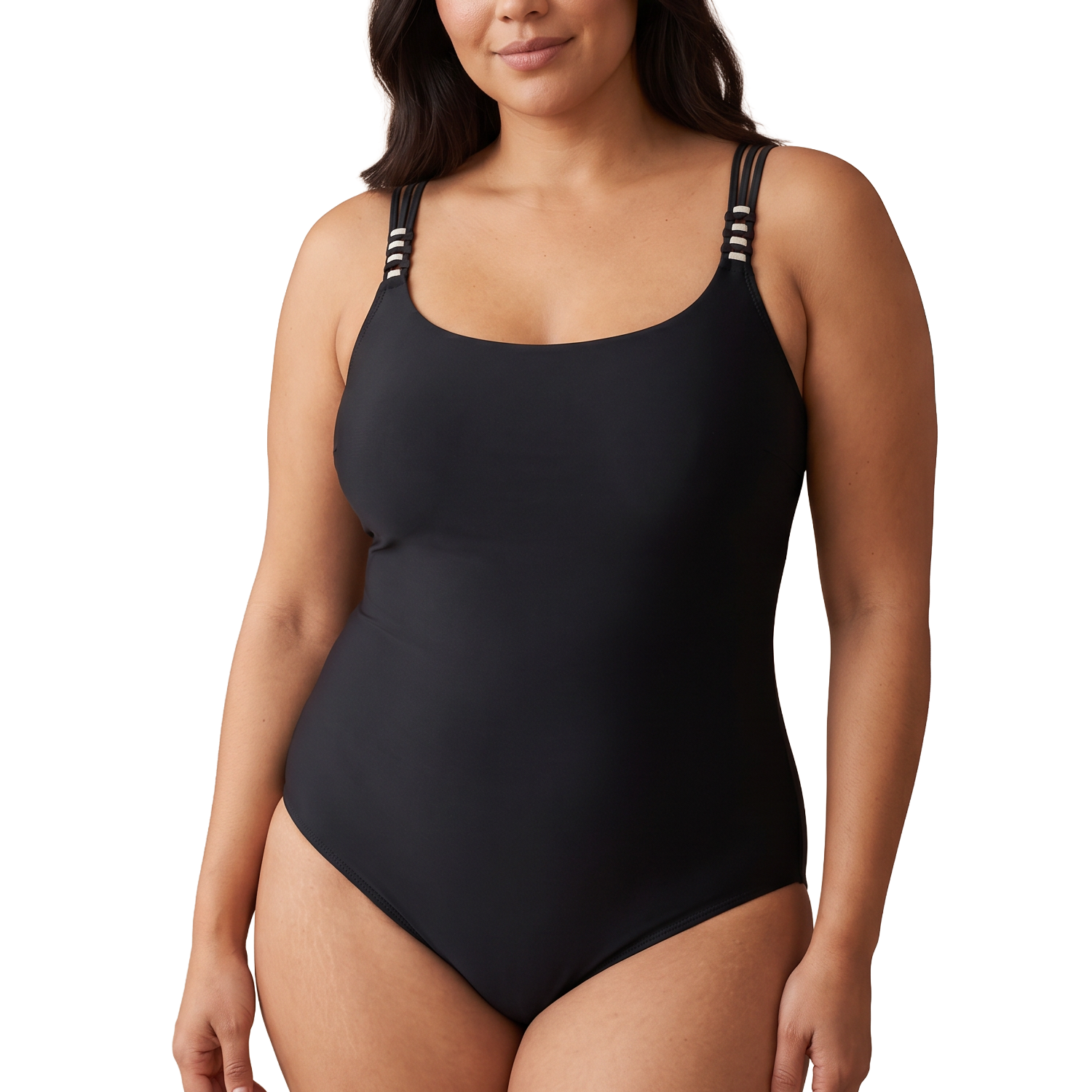 Woman wearing a black one-piece swimsuit