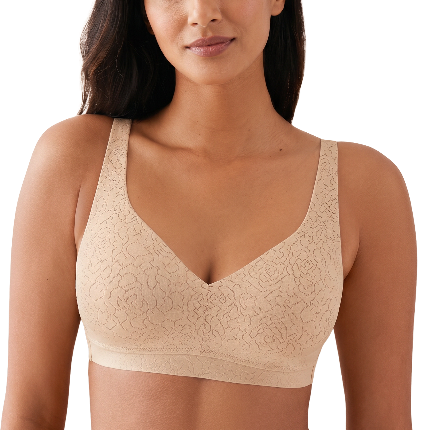 Woman wearing a beige lace wireless bra