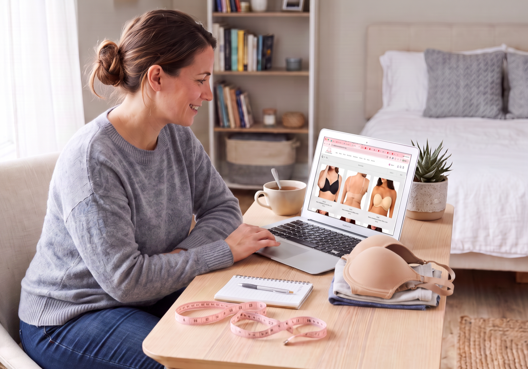 Woman shopping online for bras with a bra and measuring tape on the table
