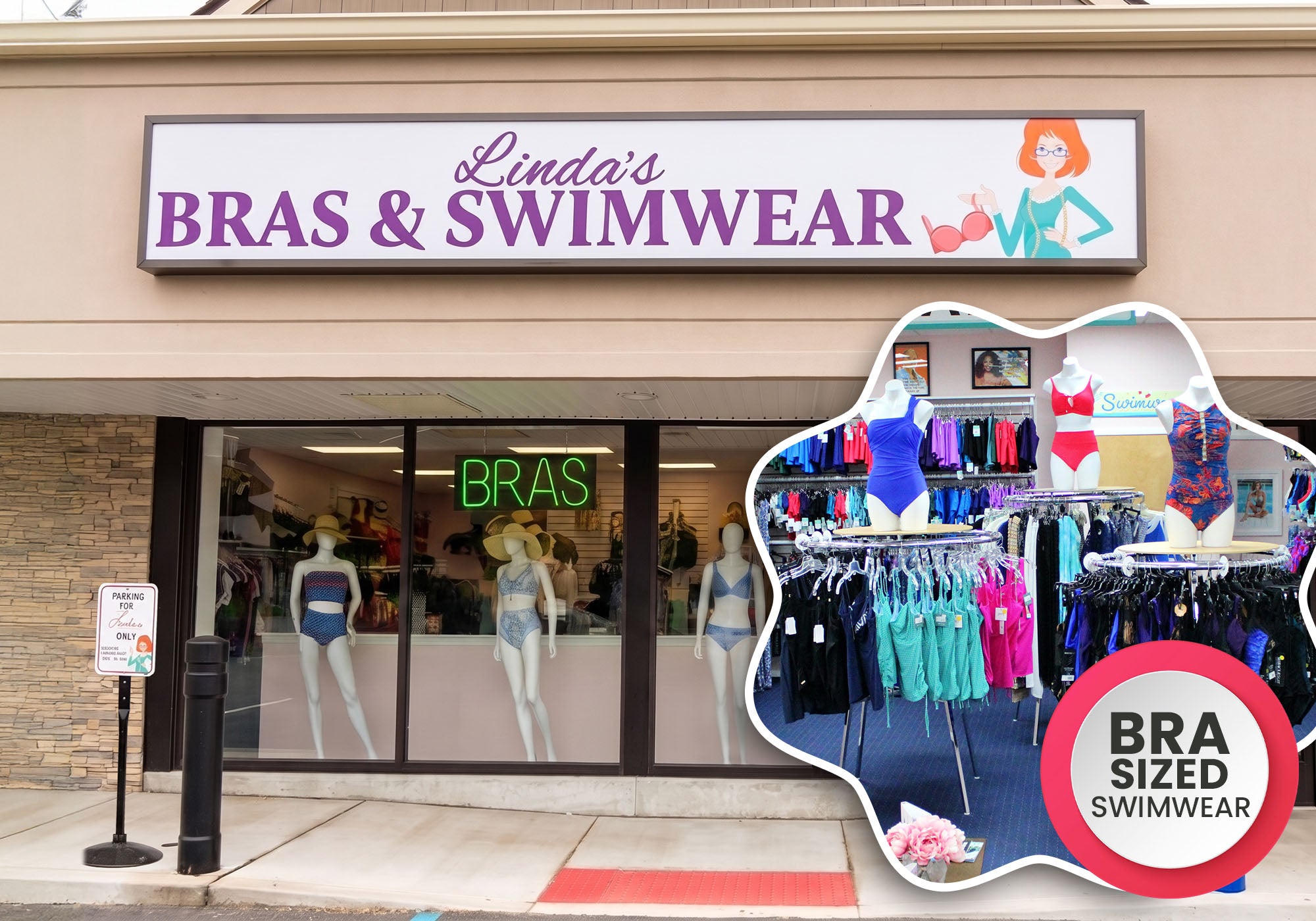 Linda's Bras & Swimwear storefront with badge that shows swimwear inside