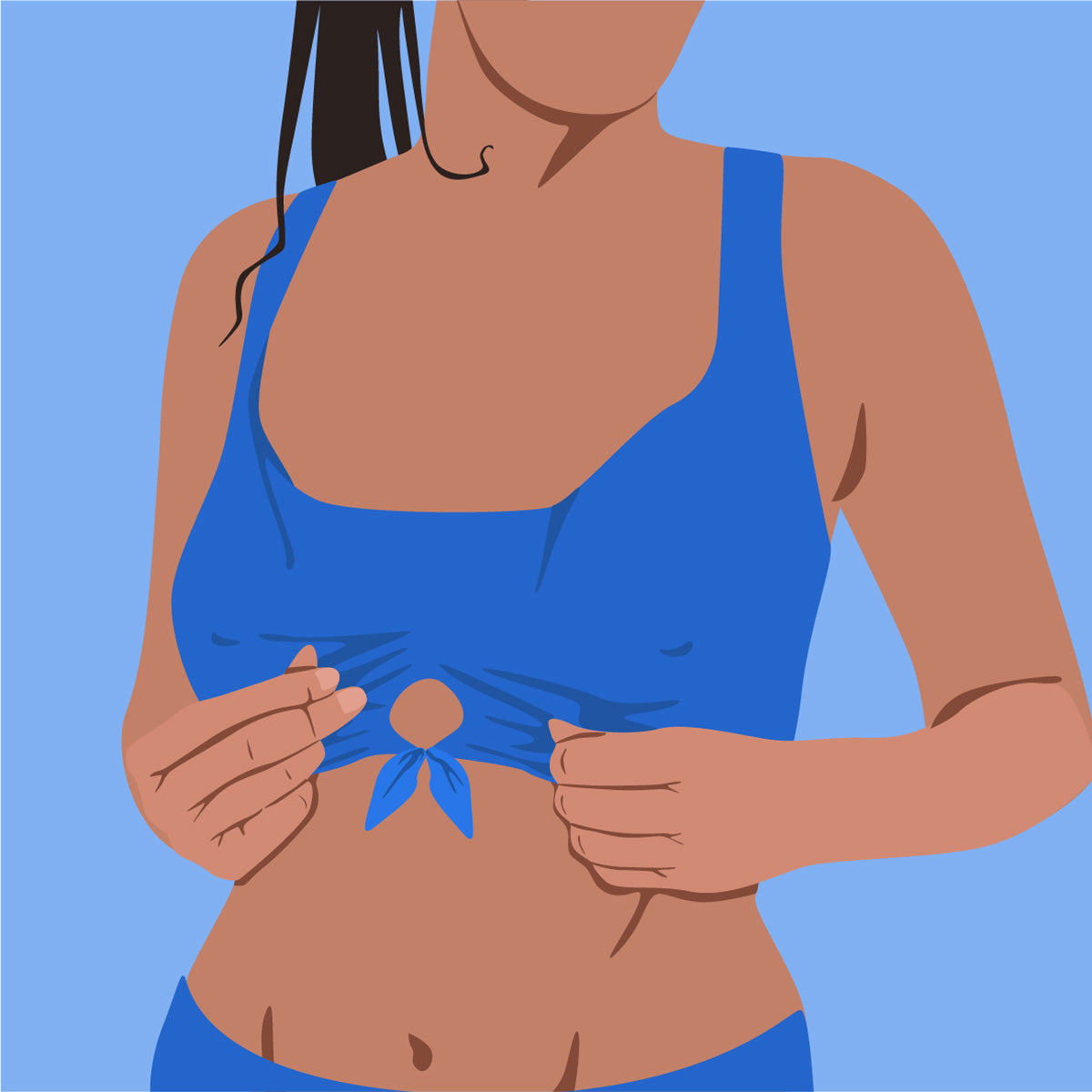 Illustration of a person wearing a blue bikini and shorts against a light blue background