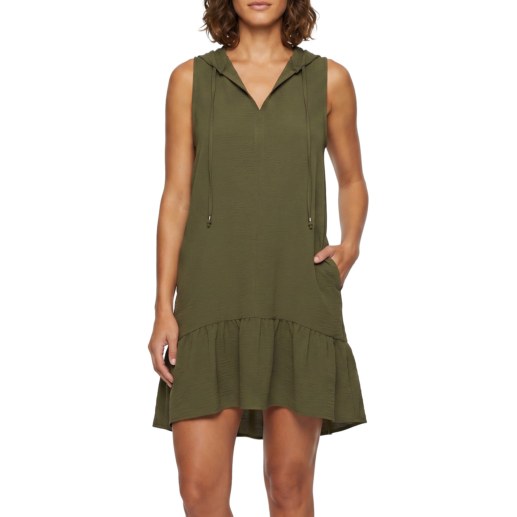Cover Me Sleeveless Hooded Cover Up with Ruffle Hem 24052582 Khaki Set