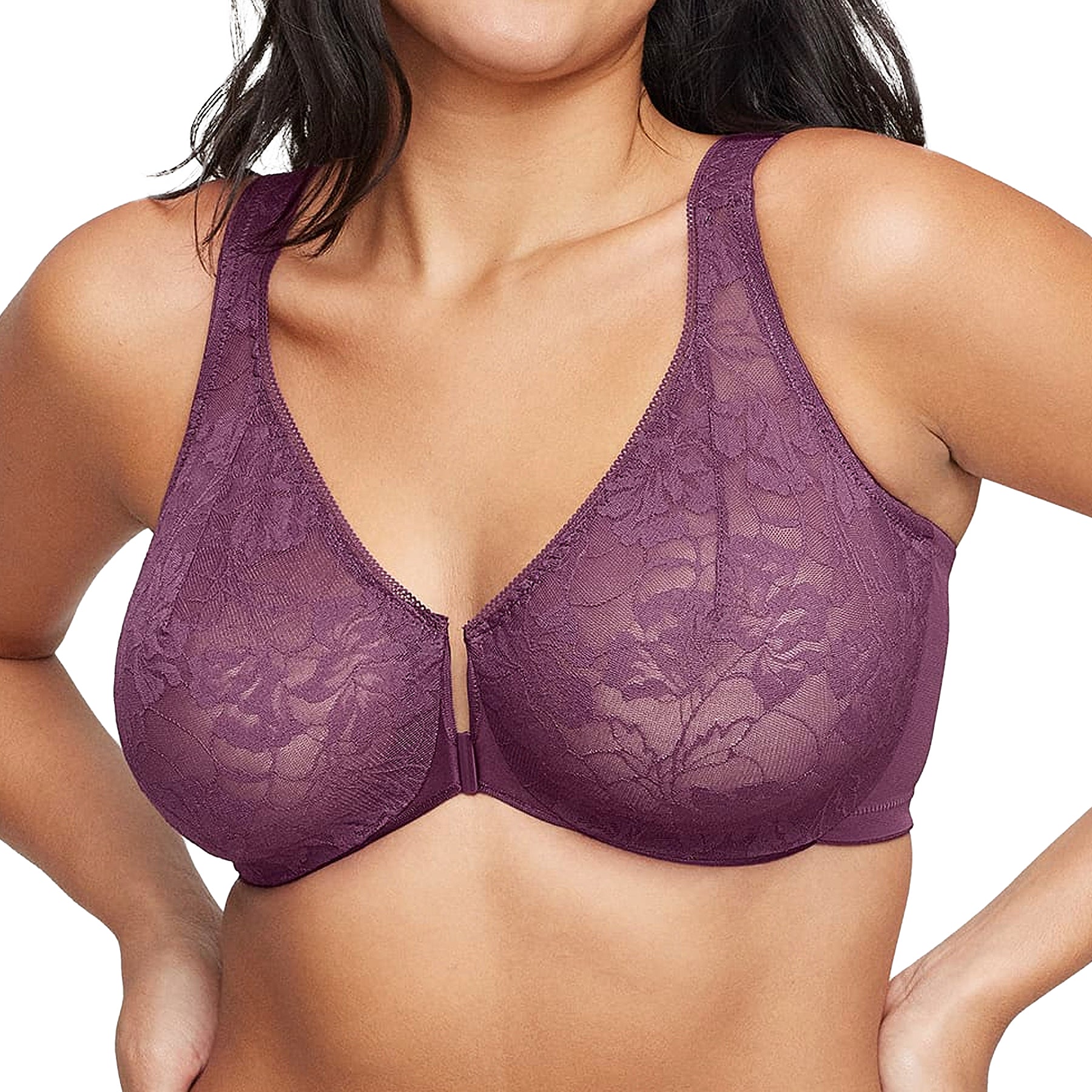 Glamorise Lacey T-Back WonderWire Bra 9246 Black Plum Front