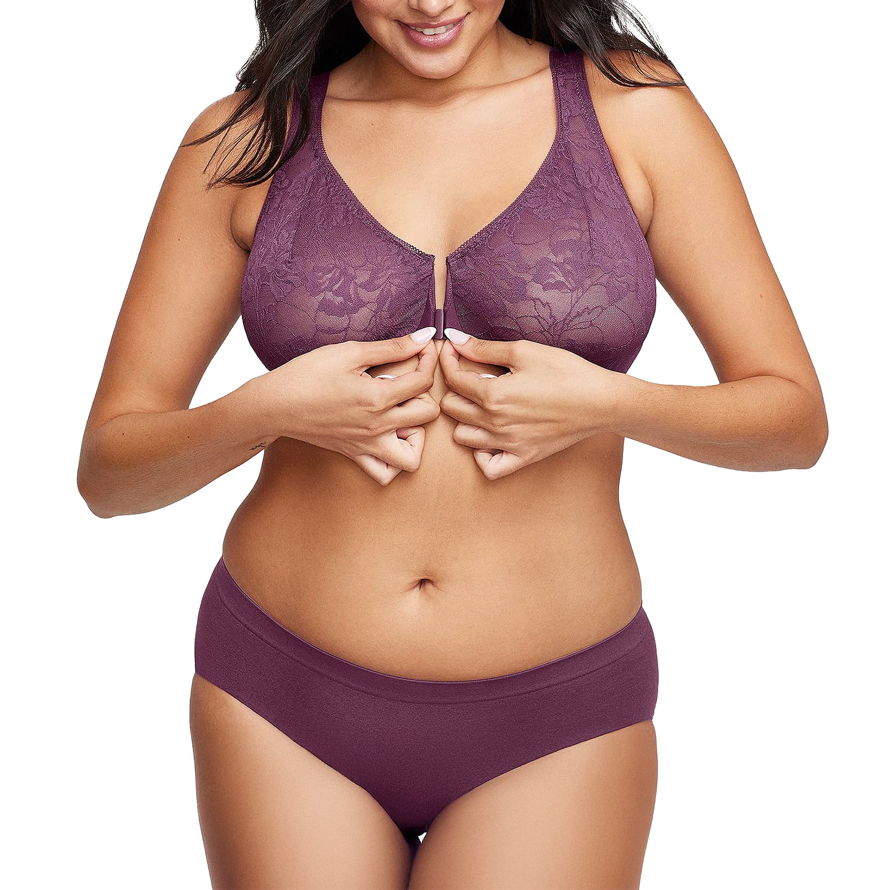 Glamorise Lacey T-Back WonderWire Bra 9246 Black Plum Set