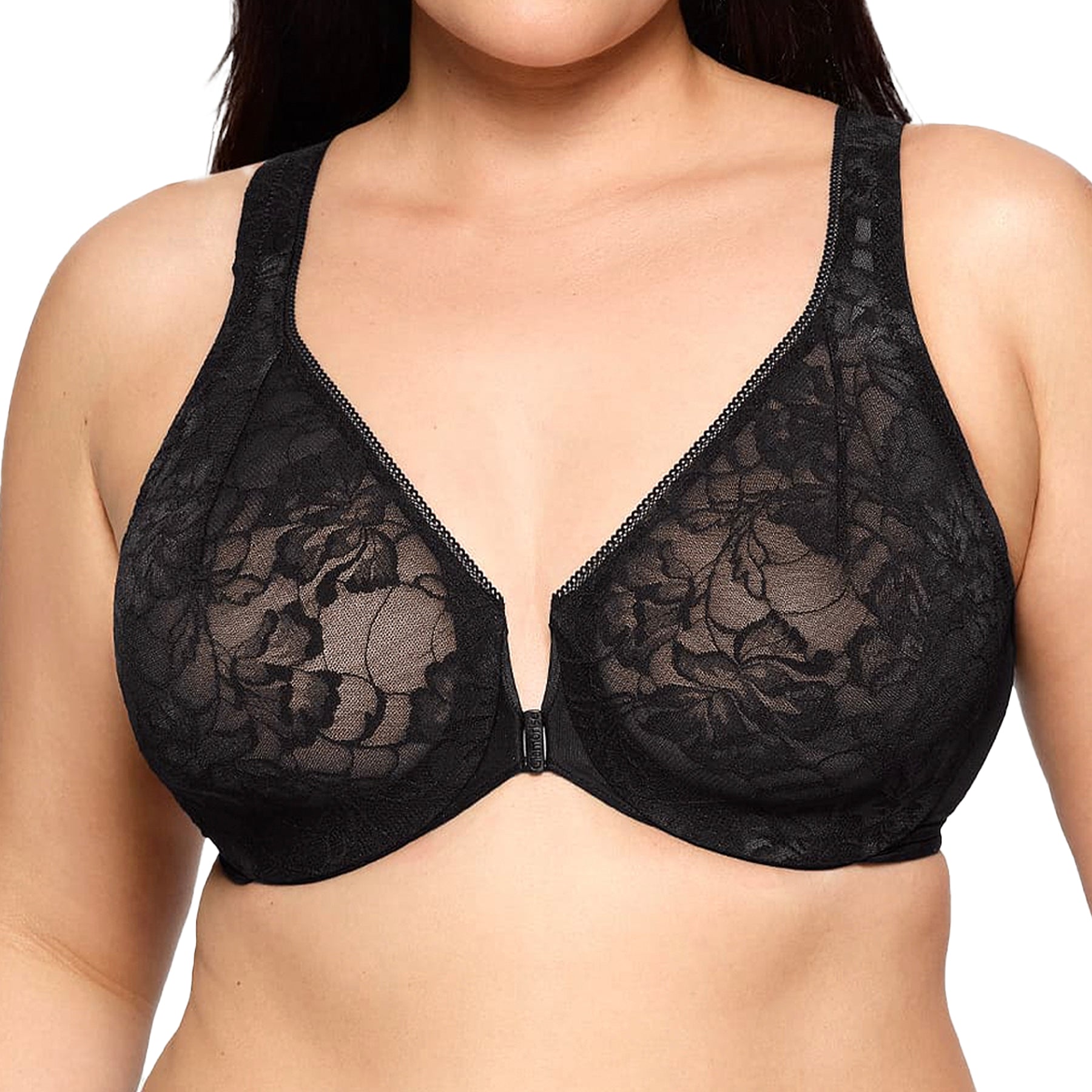 Glamorise Lacey T-Back WonderWire Bra 9246 Solid Black Front