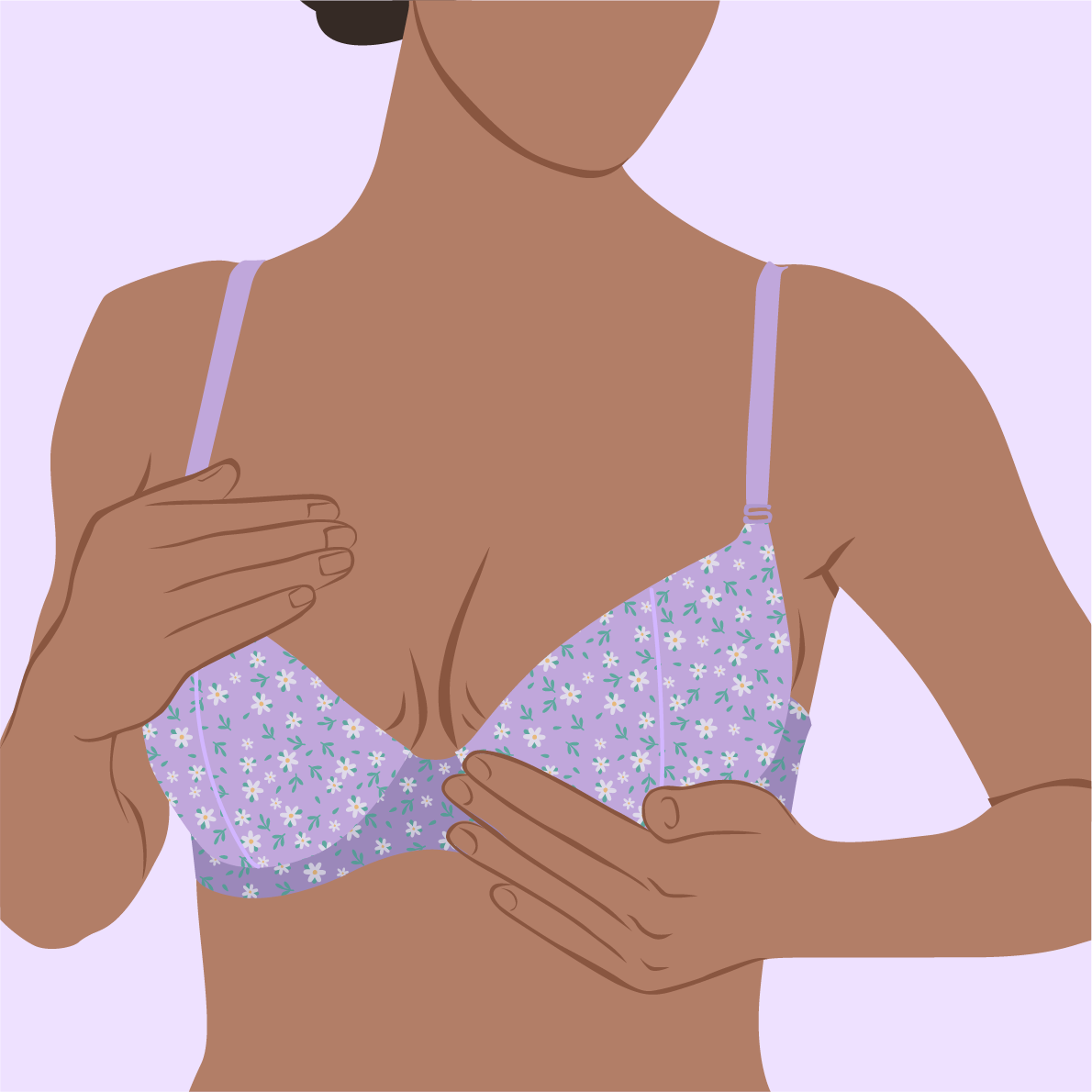 An illustrated woman wearing a lavender bra with a white and blue floral pattern, shown from the shoulders to the lower torso against a light lavender background.