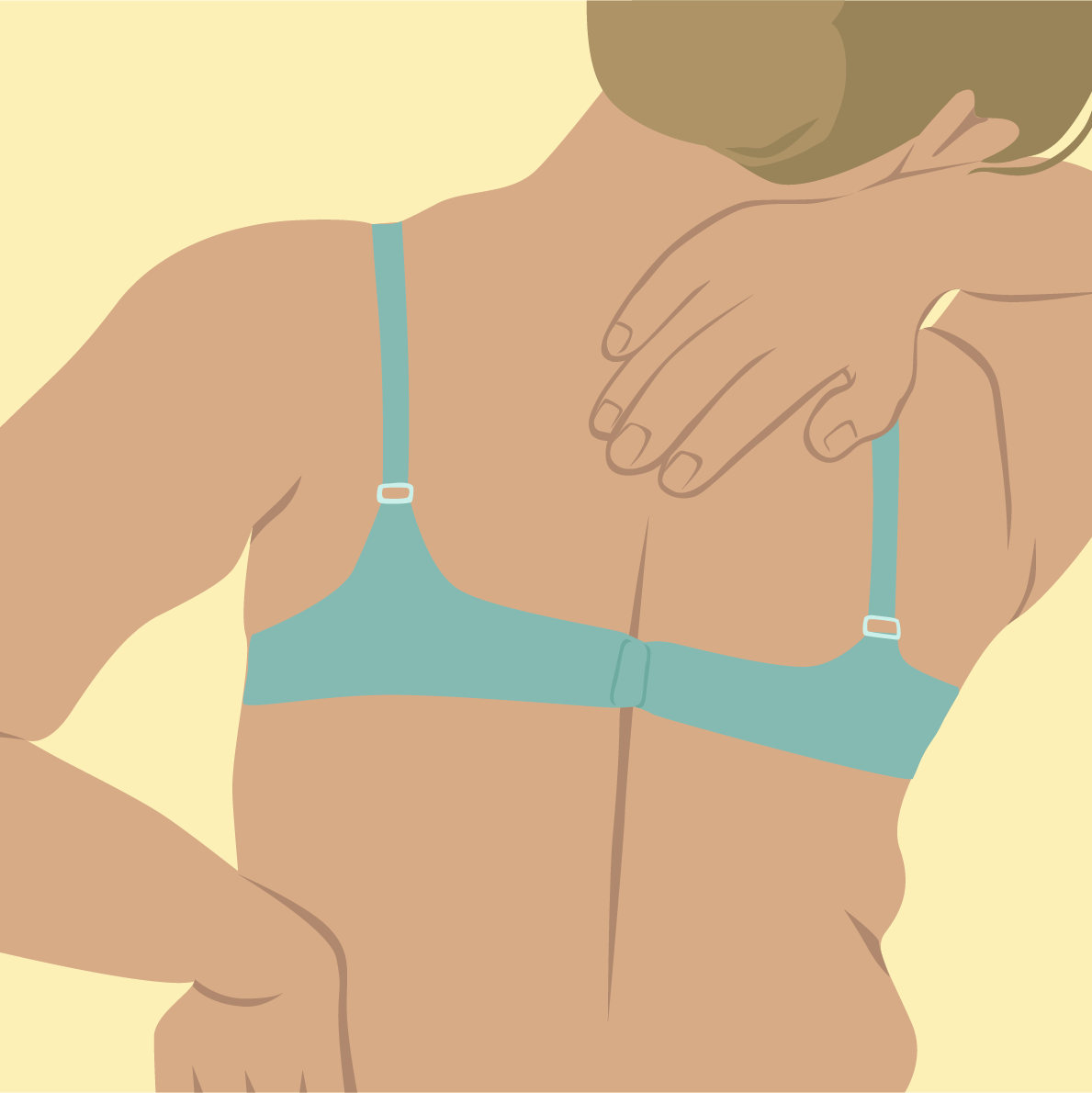 Illustrated back view of a woman wearing a light blue underwire bra, with her hand touching her neck, on a pale yellow background.