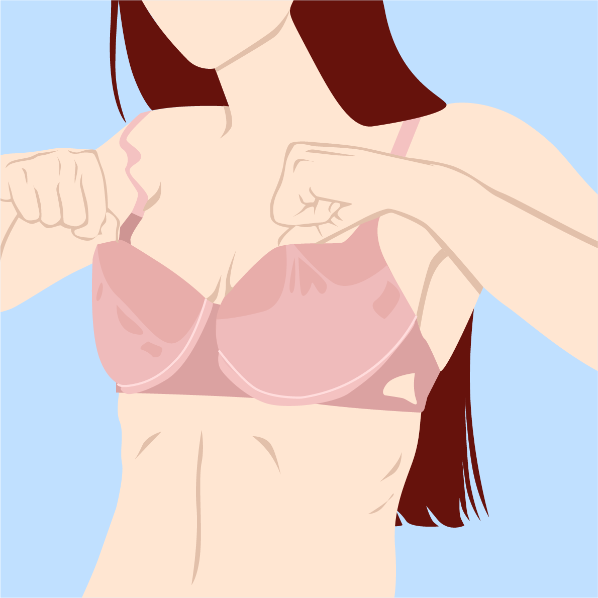 Illustrated graphic of a woman wearing a light pink bra and pulling the band upward with both hands, set against a solid light blue background.