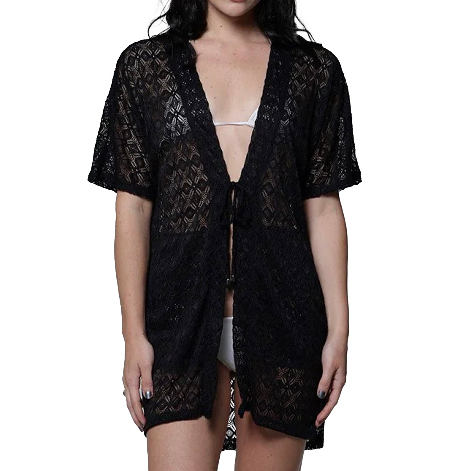 J Valdi Diamante Open Front Kimono Coverup J15466 Black Front