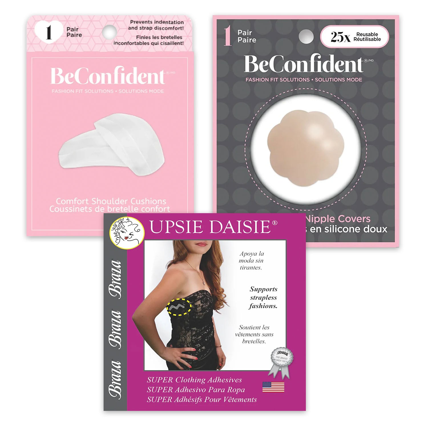 Three packaged bra accessories