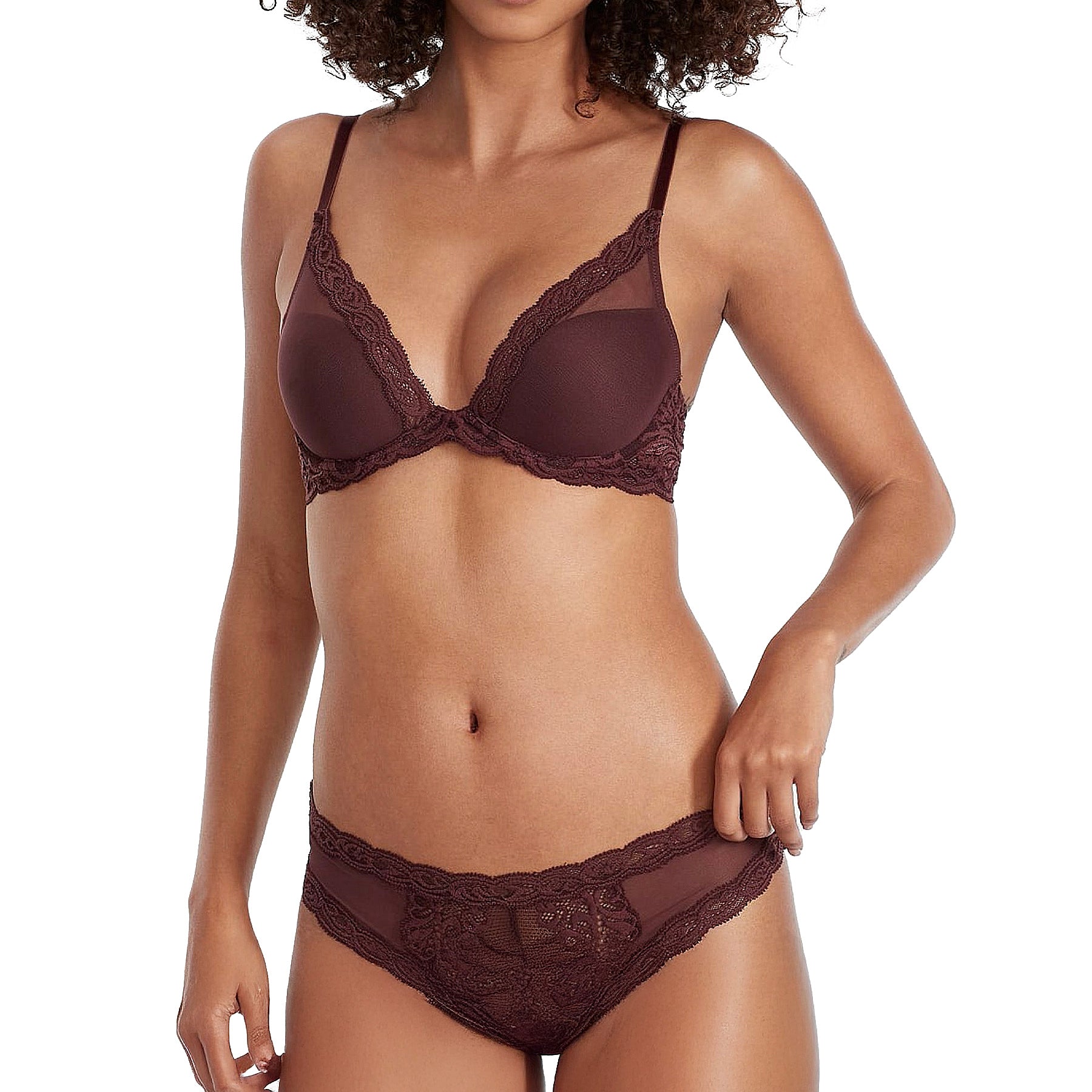 Natori Feathers Contour Plunge Bra 730023 Cocoa Set