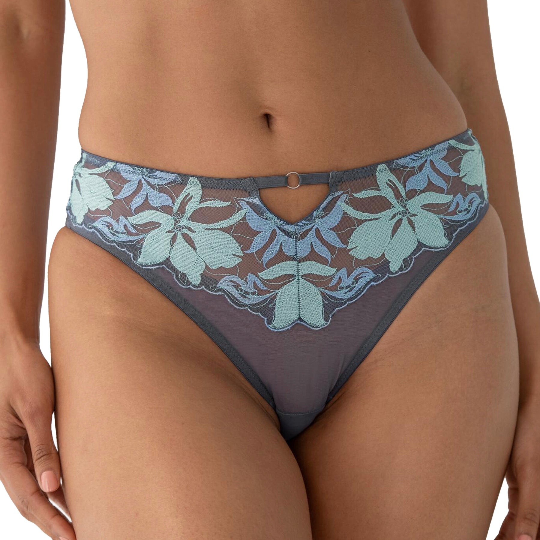 Pour Moi Roxanne Embroidered High Leg Mesh Brief PM22611 Slate Mint Blue Front
