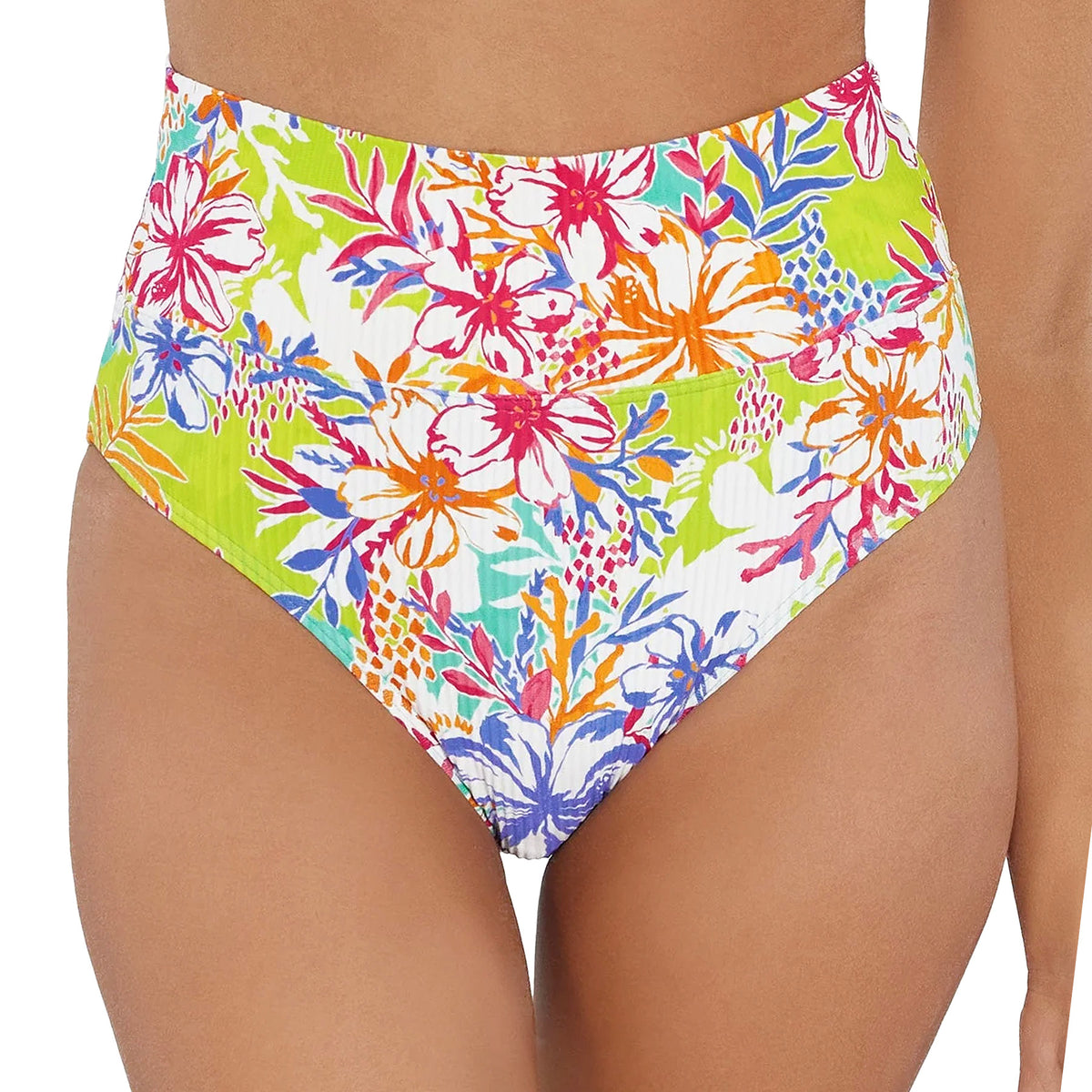 Sunsets Hannah High Waist Bikini Bottom 33B Botanical Bliss Sandbar Rib Front