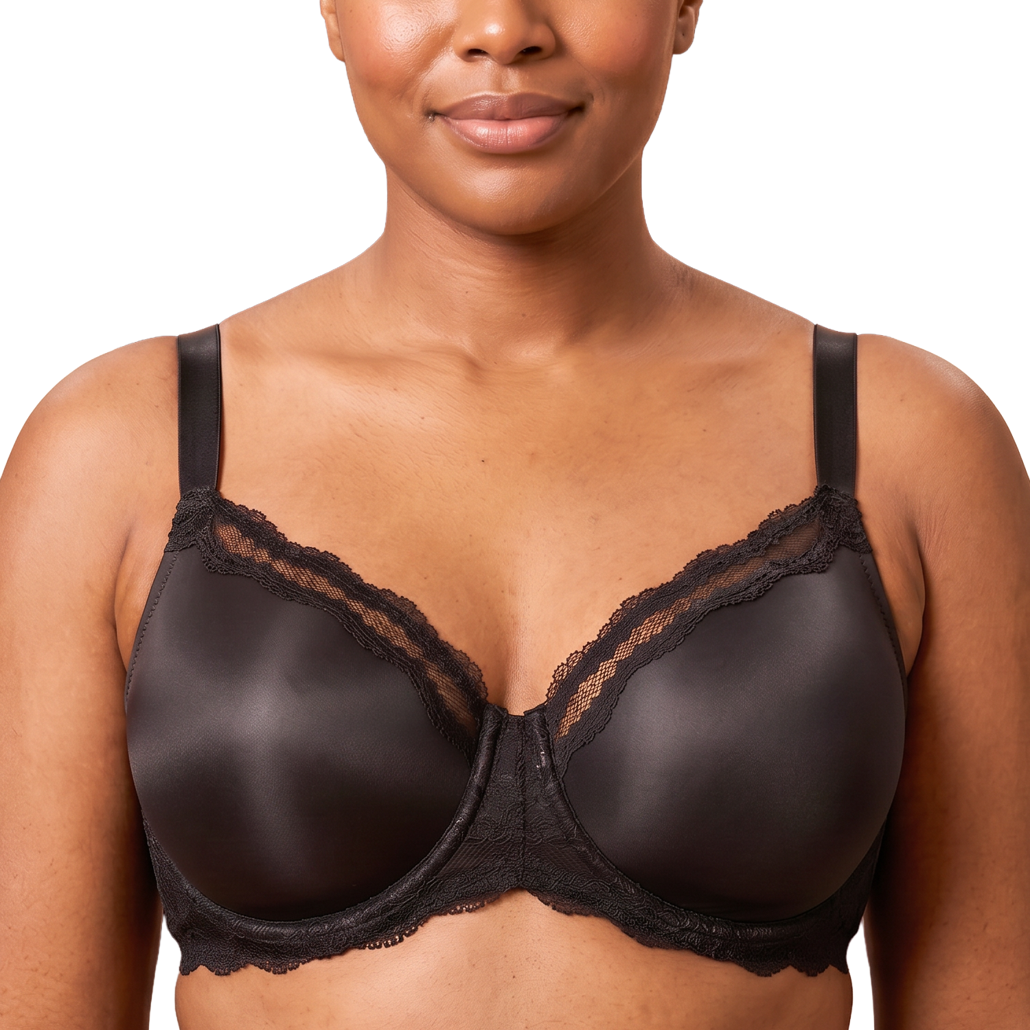 A close-up of a woman wearing a black seamless bra with lace trim and underwire, shown against a plain white background.