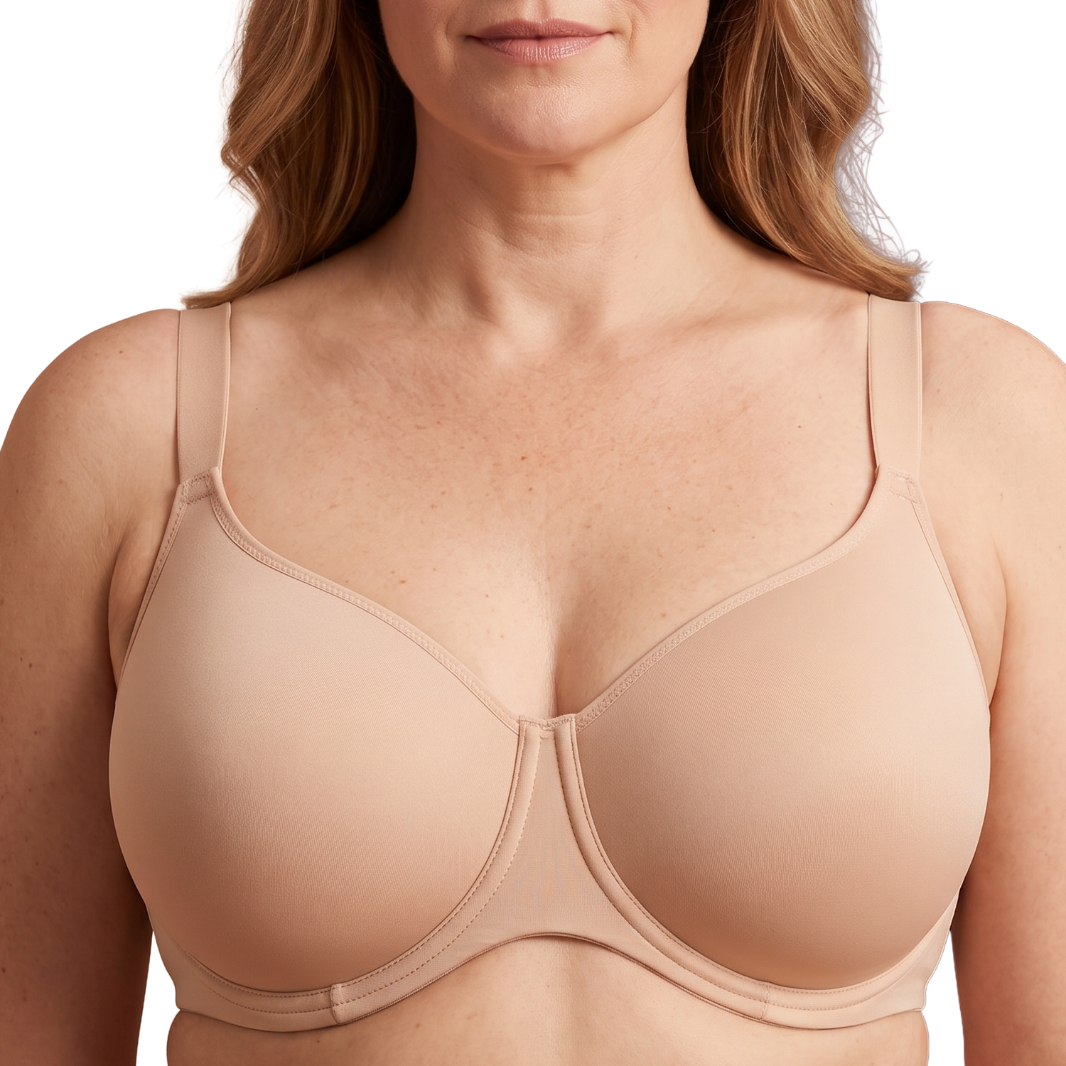 Woman wearing a skin tone T-shirt bra