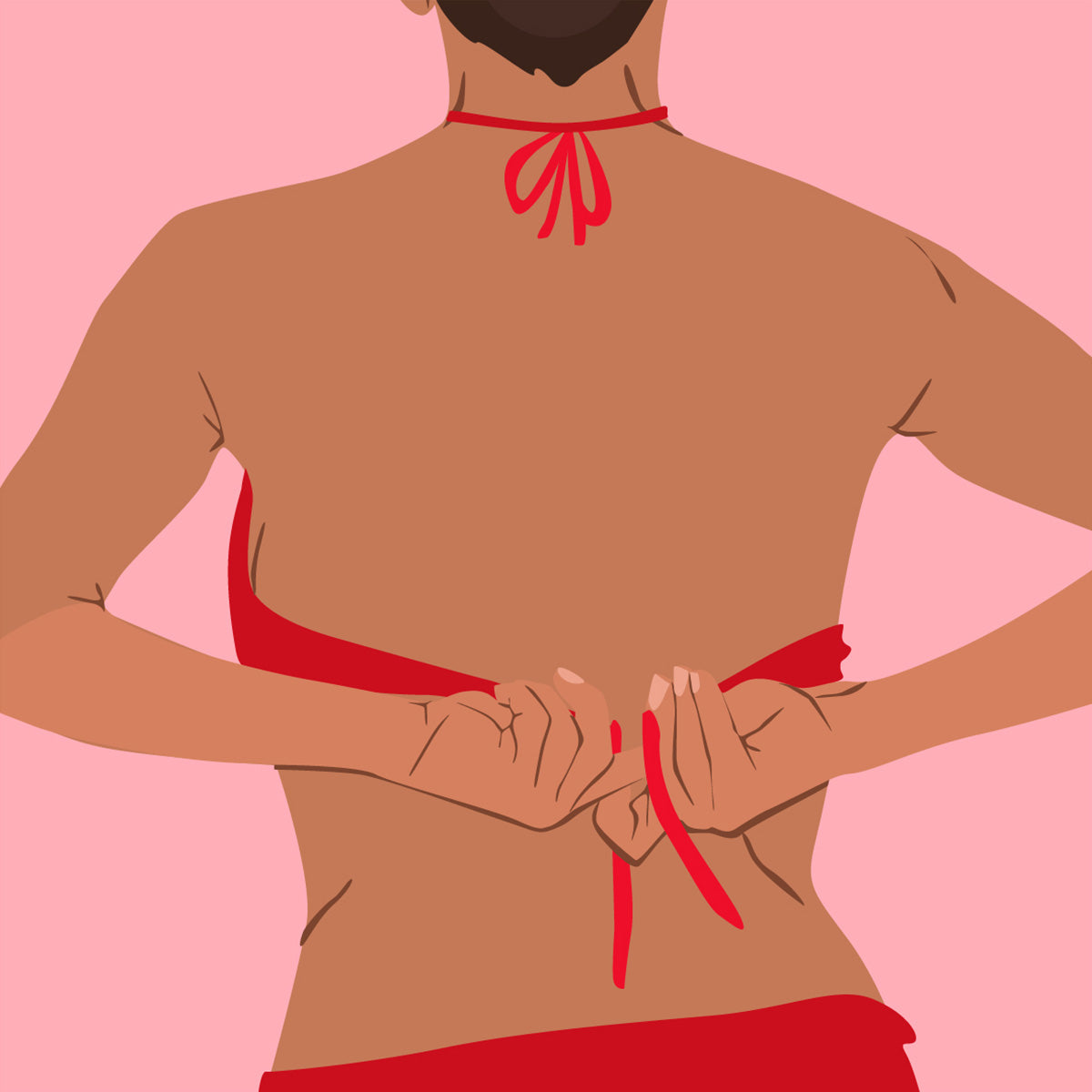 Illustration of a person viewed from the back wearing a red halter-style bikini on a pink background.