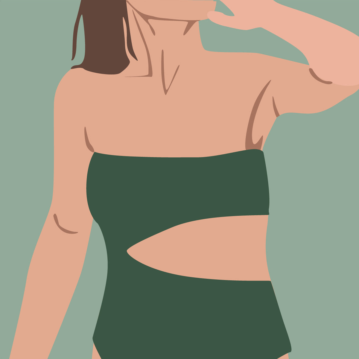 A stylized illustration of a woman wearing a dark green strapless bandeau-style bathing suit with a large horizontal cutout at the waist, shown against a muted sage green background.