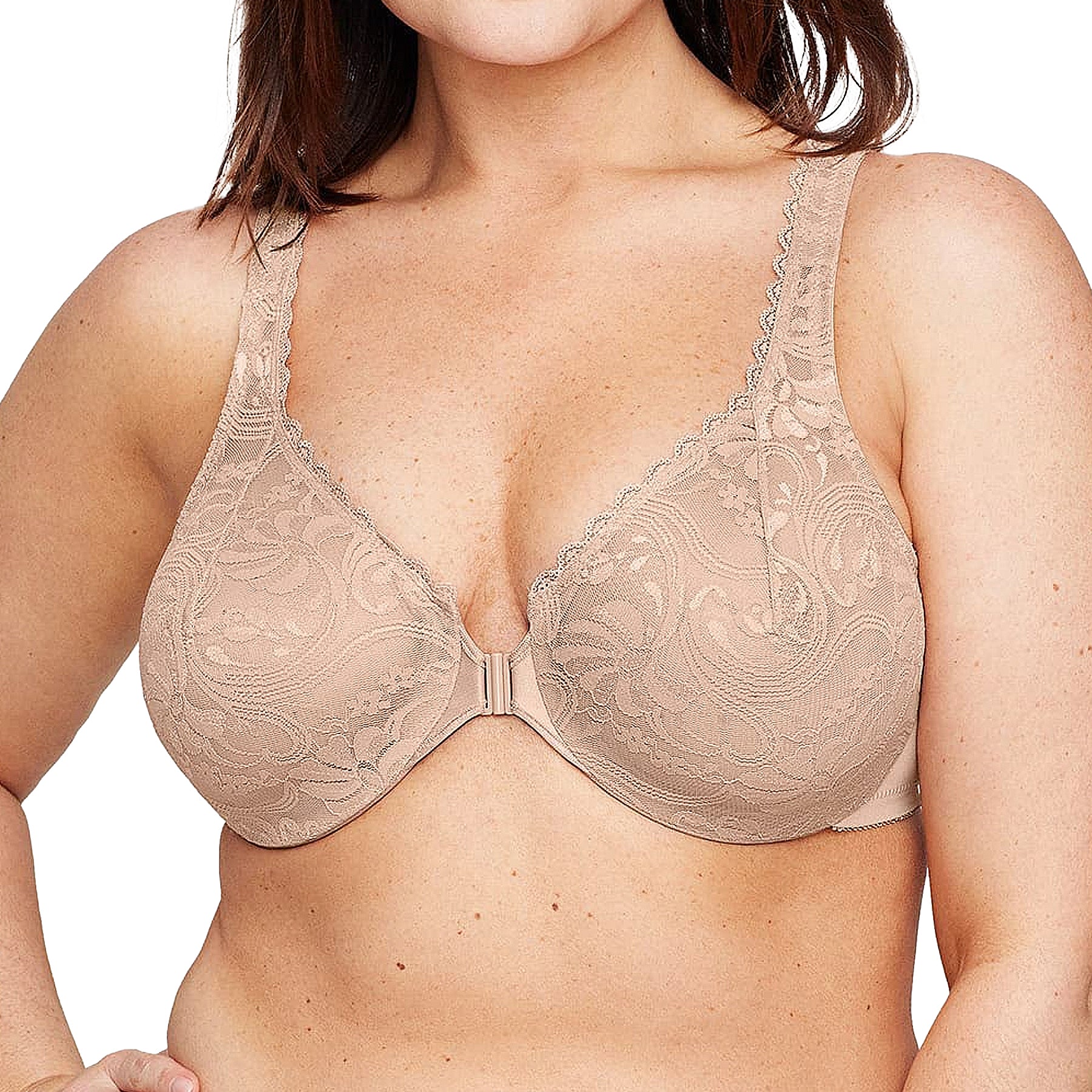 Glamorise Front-Closure Stretch Lace WonderWire Bra 9245 Cafe Front