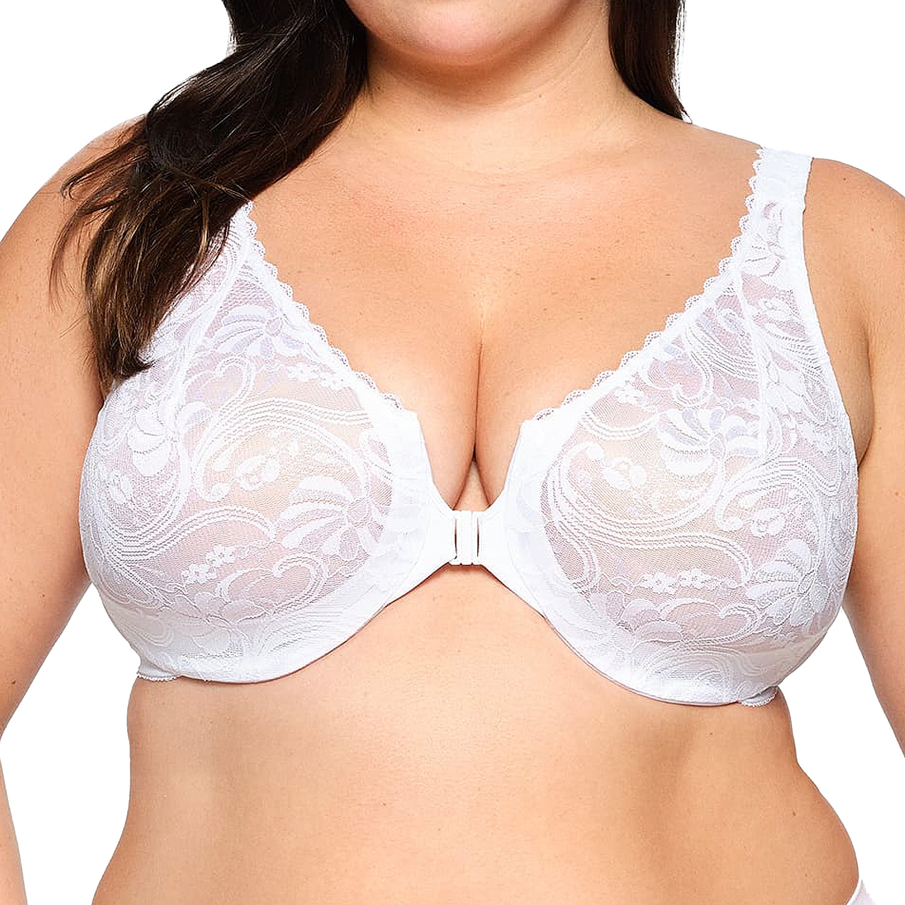 Glamorise Front-Closure Stretch Lace WonderWire Bra 9245 White Front